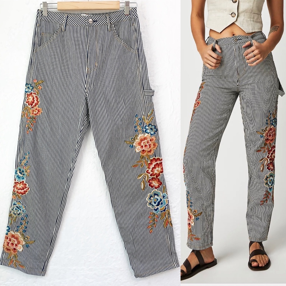 DRIFTWOOD Black and White Striped Floral Pants